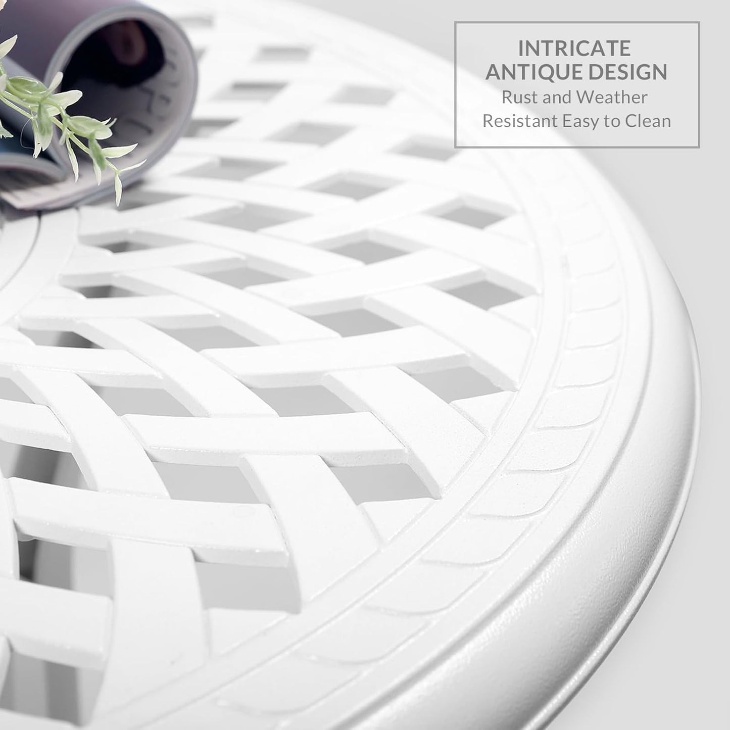 VIVIJASON 3-Piece Patio Furniture Dining Set, All-Weather Cast Aluminum Outdoor Bistro Set, Include 2 Dining Chairs and 31" Round Table w/ 2" Umbrella Hole for Balcony, Lawn, Garden, Backyard, White