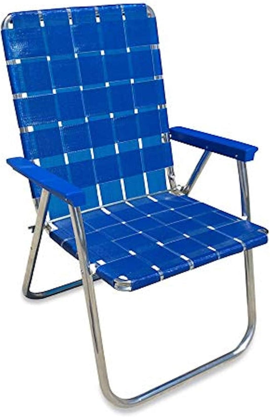 Lawn Chair USA Folding Aluminum Outdoor Patio Lawn Chair | Heavy-Duty Webbed Chairs for Camping, Sports, Beach, Yard & Tailgating | Lightweight Portable | Classic - Blue Wave with Blue Arms