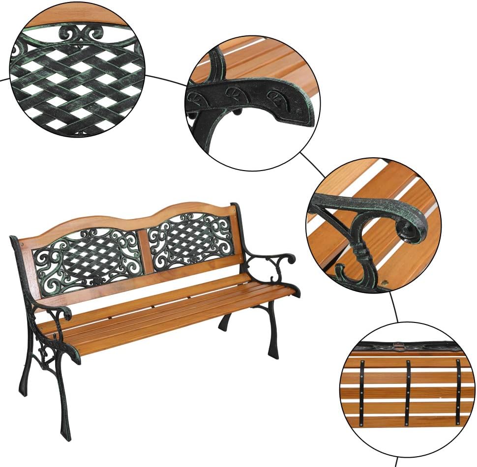 Outvita 49.5in Garden Bench, Patio Wood Love Seat with Metal Armrest Retro Style for Patio Porch Deck Yard Lawn Poolside(Classical)