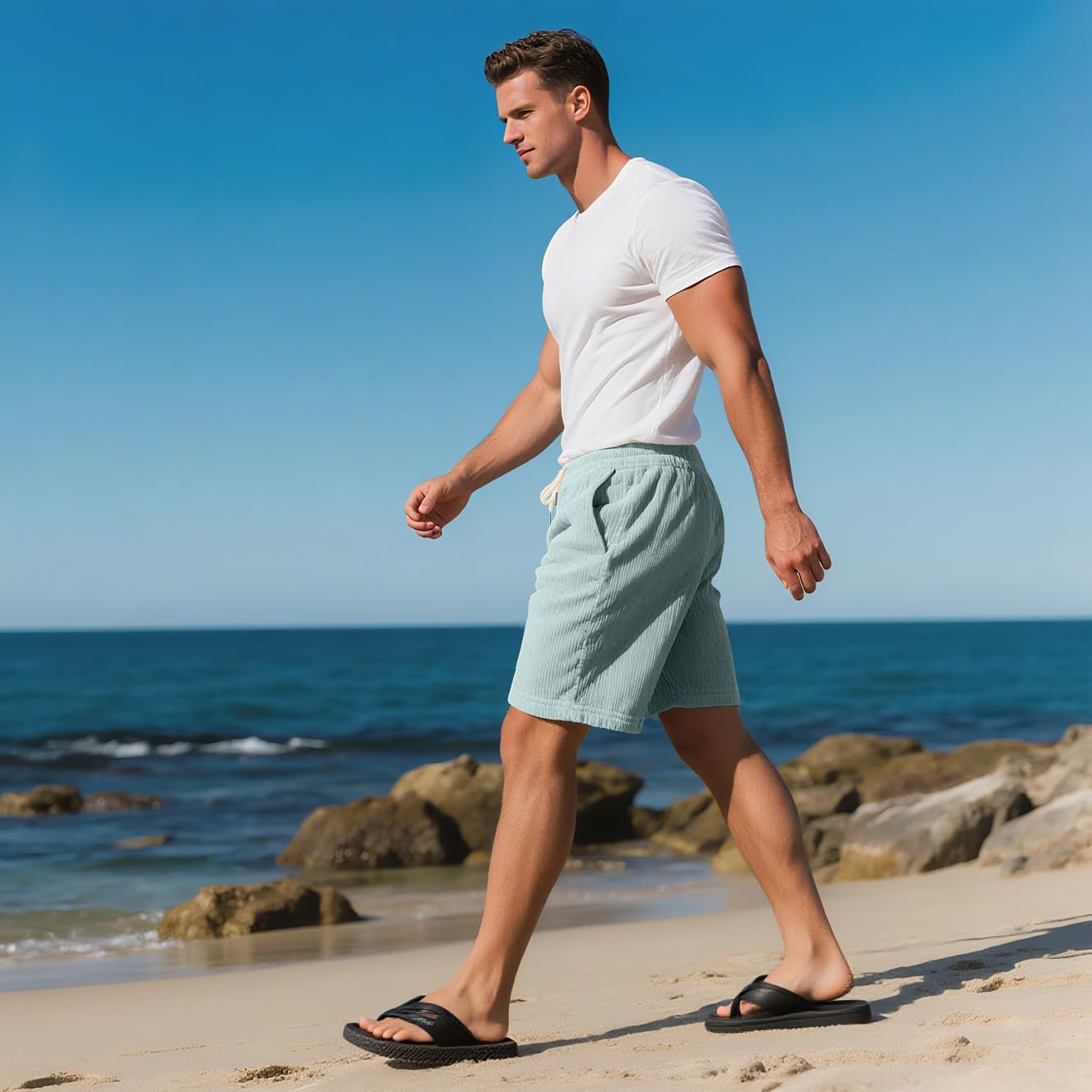 Mens Cargo Shorts Casual Drawstring Elastic Waist Corduroy Summer Beach Shorts with Pockets