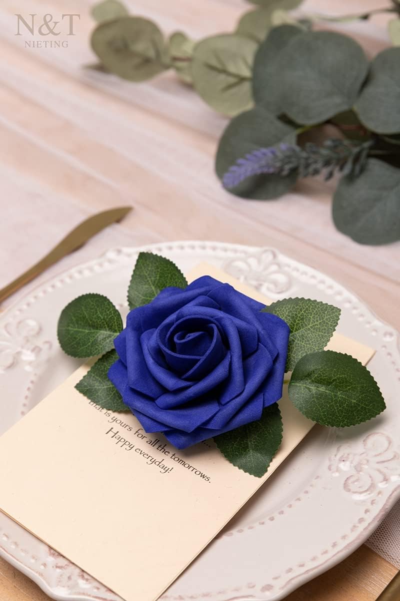 N&T NIETING Artificial Flowers, Royal Blue Fake Flowers Roses with Stems for DIY Wedding Bridal Bouquets Centerpieces Bridal Shower Party Home Flower Arrangement Decorations, 25Pcs