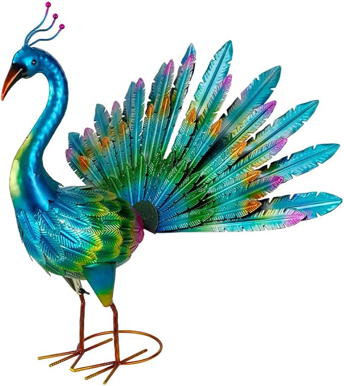 VEWOGARDEN Peacock Outdoor Statues Metal Peacock Tail Spread Garden Sculptures & Statues for Yard Lawn Patio Pool Outside Decorations, Blue