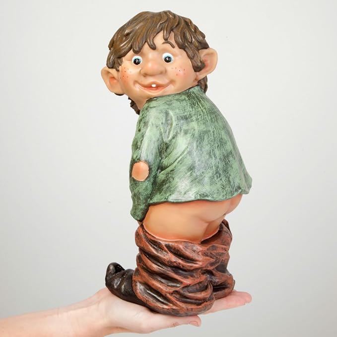 Bits and Pieces - Caught with His Pants Down Garden Statue - Naughty Gnome Yard Art, Funny Elf - Polyresin Statue Measures 13-1/2" High x 5" Wide