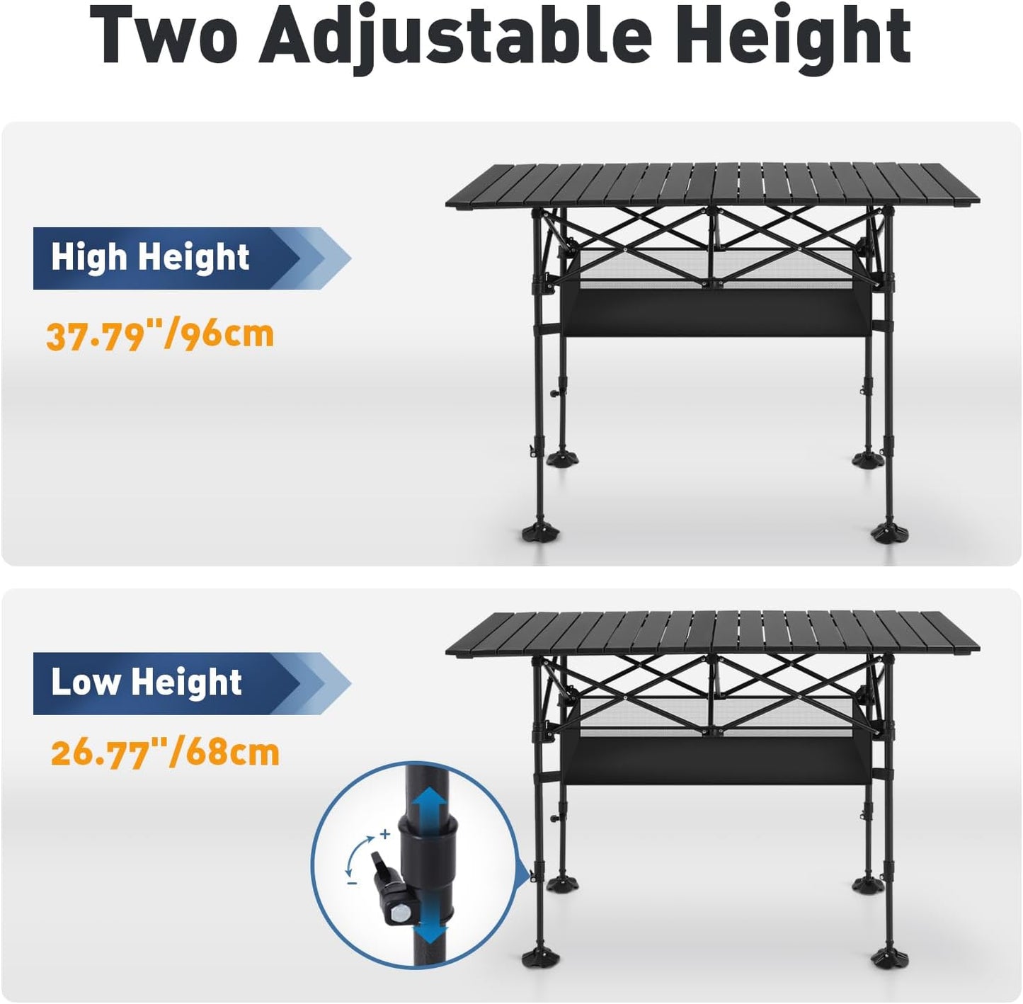ALPHA CAMP Folding Camping Table, Portable Roll-up Table with Adjustable Height, Large Storage Bag and Carrying Bag, Tall Aluminum Table for Indoor & Outdoor Picnic BBQ Backyards Beach