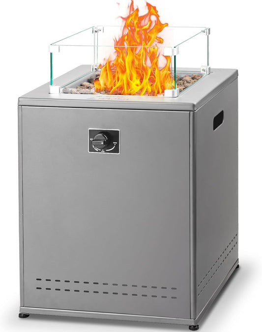 20" Square Smokeless Propane Fire Pit Table, 50,000 BTU Portable Outdoor Patio Heater with Lava Rocks, Glass Wind Guard & Cover for Deck, Backyard, Garden, Camping (Grey)