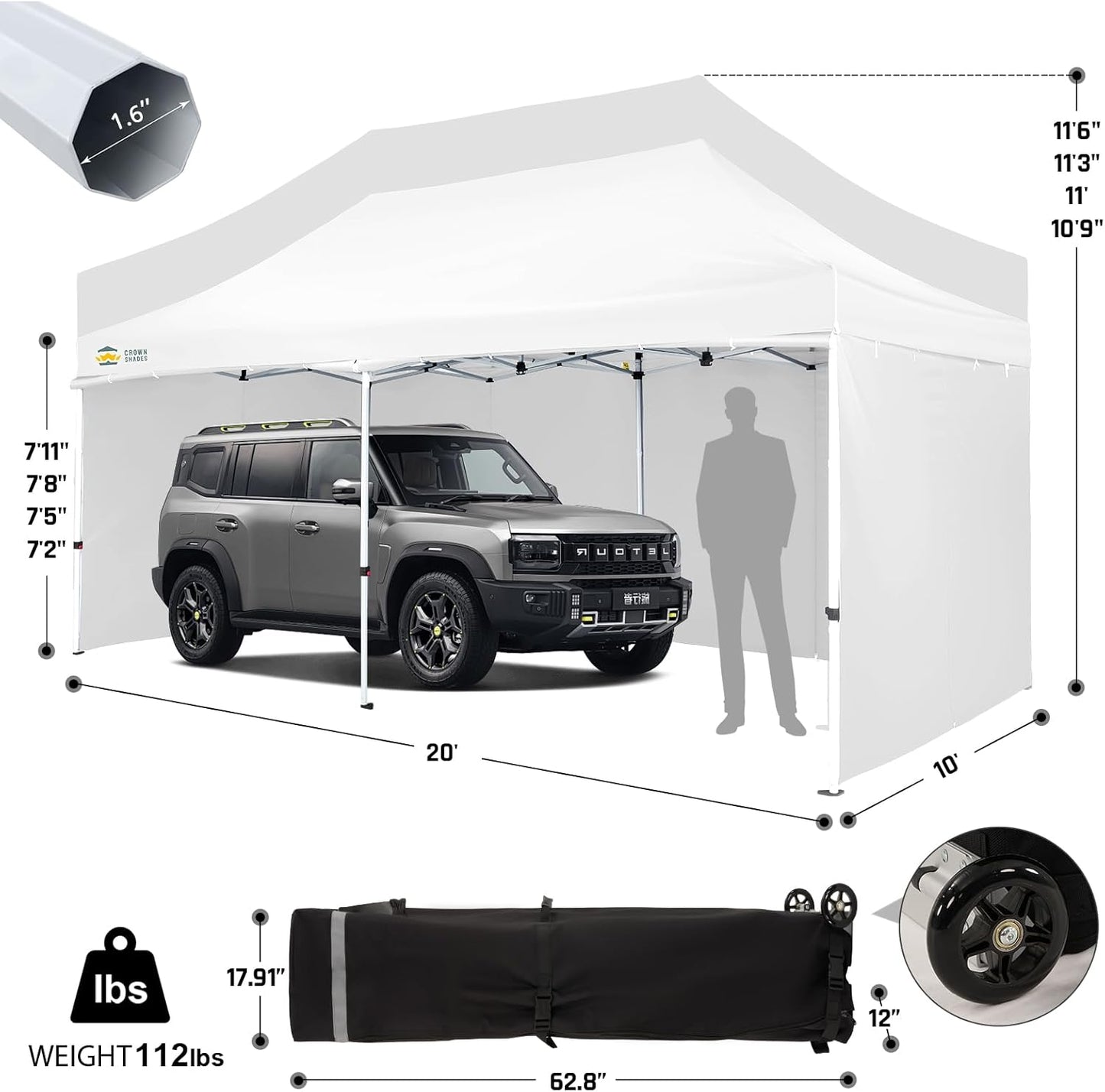 CROWN SHADES 10x20 Pop Up Canopy Tent, Thicken Frame Commercial Heavy Duty Tent, 4 Sidewalls 8 Stakes & 4 Sandbags & 4 Ropes, Outdoor Canopies for Events, Parties,White