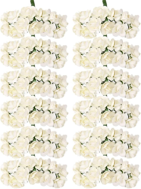 Mini Fake Rose Flower Heads 144pcs Mini Artificial Mulberry Paper Roses Flower with Wire Stem DIY Wedding Flowers Accessories Make Bridal Hair Clips Headbands Dress (Cream)
