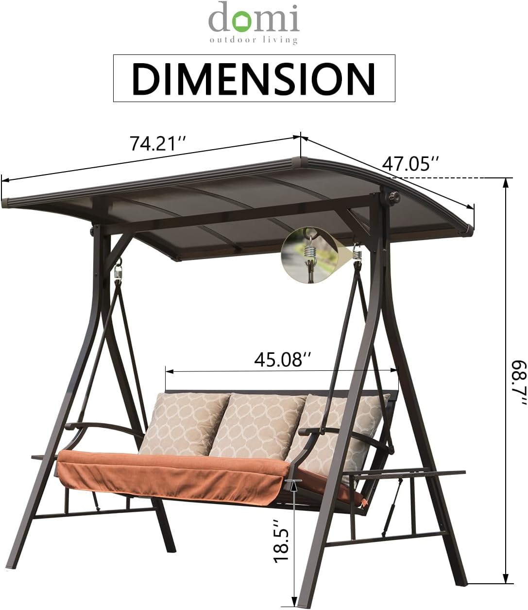 Domi Porch Outdoor Patio Swing with Adjustable Hardtop Polycarbonate Canopy, 3-seat Swing Chair Bench with Solar LED Light for Backyard Yard Poolside Porch Lawn, Cushion and Pillows Included