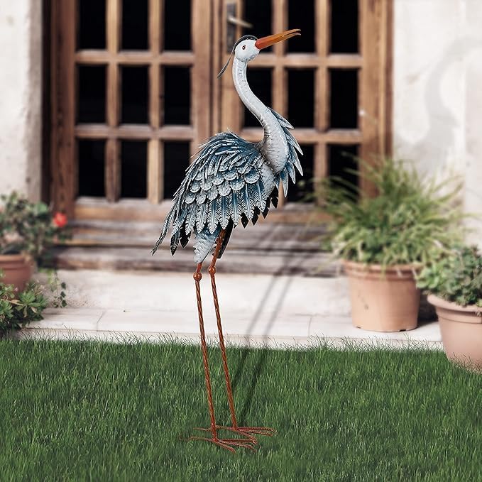 TERESA'S COLLECTIONS Garden Decor Blue Heron Sculptures & Statues Backyard Decor,24.5" Coastal Metal Cranes Decoy for Outdoor Decoration Outside Yard Art Patio Pond Pool Lawn,Housewarming Gift for Mom
