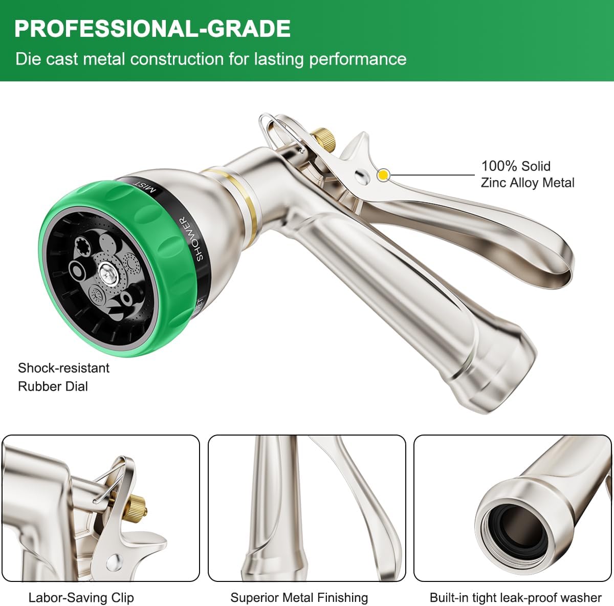 FANHAO Heavy Duty Garden Hose Nozzle, 100% Metal Water Hose Sprayer with 7 Spray Patterns, Ergonomic Rear Trigger, High Pressure Water Nozzle Sprayer for Watering Plants, Washing Car and Pet