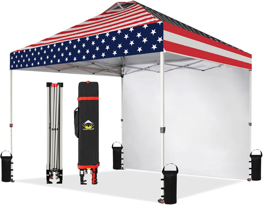 CROWN SHADES 10x10 Pop Up Canopy with 1 Side Wall - Beach Tent with One Push Setup - Outdoor Sun Shade for Events, Parties, Camping - Gazebo with STO-N-Go Cover Bag (American Flag)