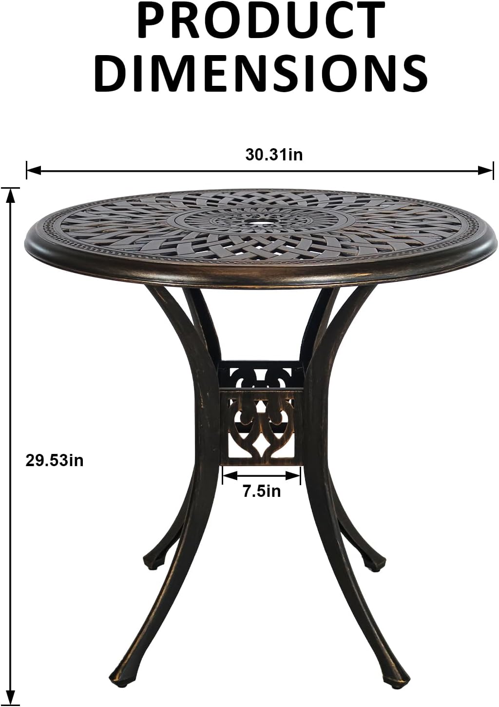 30.7" Outdoor Round Cast Wrought Aluminum Patio Metal Dining Table with Umbrella Hole, Cast Aluminum Frame Bistro Table for Backyard Lawn Balcony Deck, Bronze