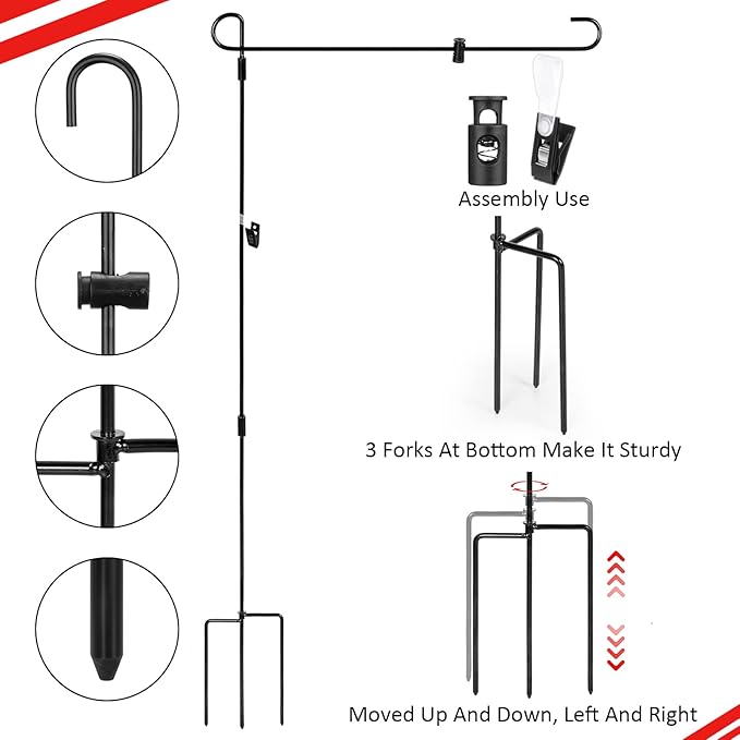 Chumia 10 Pack Garden Flag Holder Stand, Premium Garden Flag Pole Holder Powder Coated, Metal Three Prongs with Clip and Spring Stoppers for Outdoor Home Lawn Decoration, 15 Inch