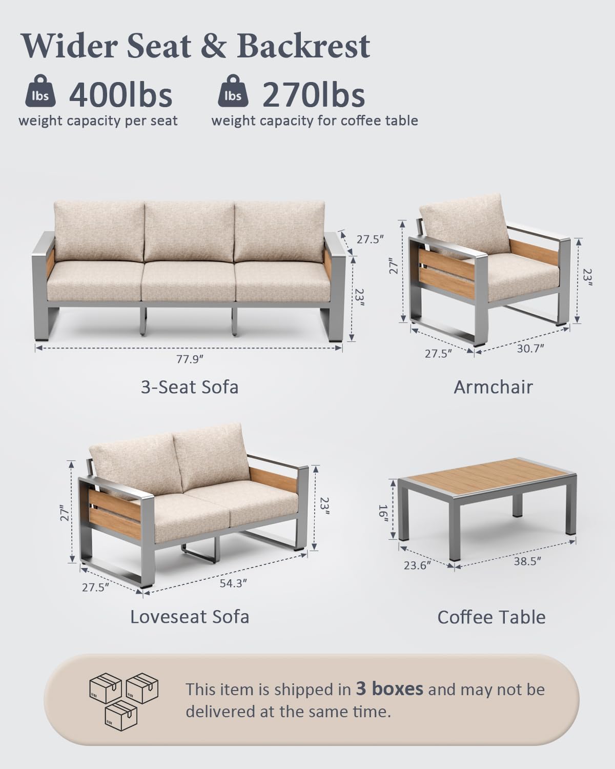 ZANDOR Aluminum Outdoor Patio Furniture - 1 Pcs 3-Seat and Coffee Table, All-Weather Metal Modern Outside Furniture with Washable Thick Cushion for Garden/Backyard/Porch, Silver