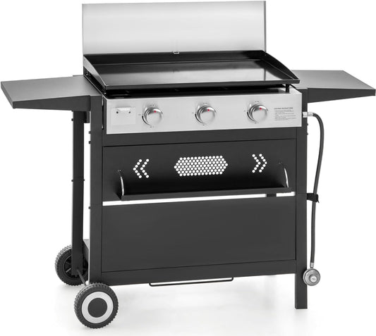 MFSTUDIO 27 Inch Flat Top Propane Gas Griddle Grill, Ceramic Coated Cast Iron Pan, Outdoor Flattop Grill with Lid for Cooking