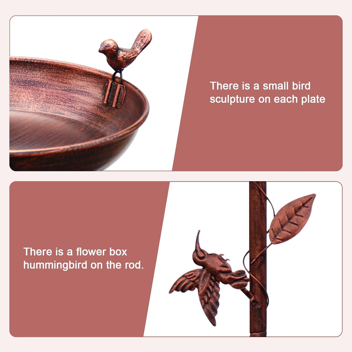 Metal Bird Bath for Outside, 2-in-1 Birdfeeder and Bath, 42 Inch Tall Stand with Hummingbird, Large 12Inch & Small 7.9Inch Bird Bath Bowl, 3 Bird Decor for Garden, Antique Bronze