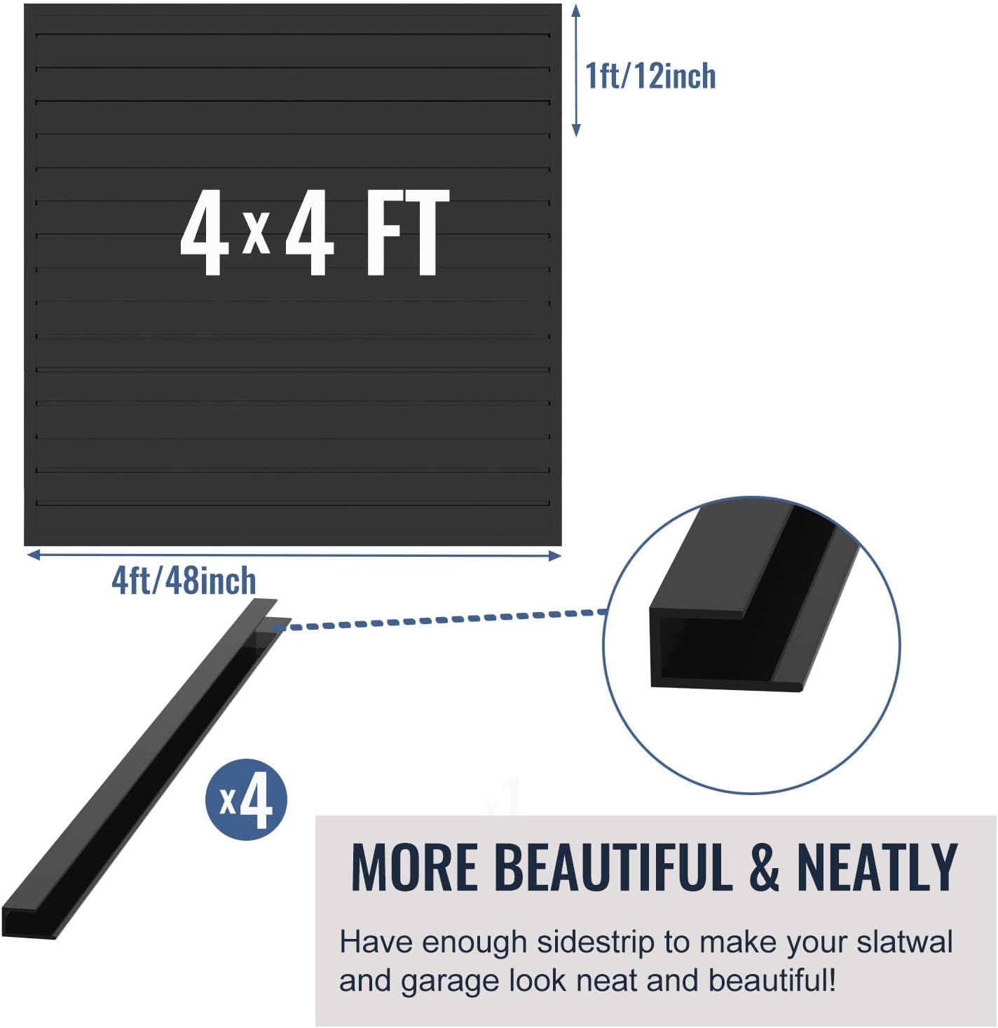 Slatwall Panel Garage Organizer PVC Slatwall Heavy Duty Wall Mounted Rack, Interlocking Slat Wall Panels for Tool Organization Peg Board(Black 4 x 4 ft)