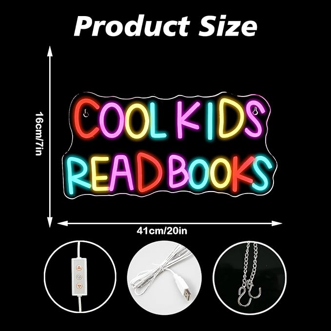 Cool Kids Read Books Neon Sign Reading Corner for Kids Neon Signs for Wall Decor LED Light Library Classroom Book Club Christmas Gift for Kids & Teens(5V2A)