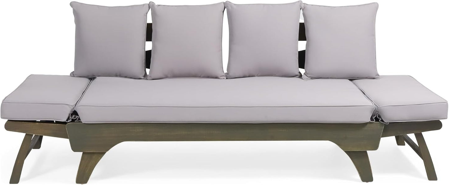 Outdoor Adjustable Patio Wooden Serene Daybed Sofa Chaise Lounge with Cushions for Small Places, Sleeper Chair with Armrest for Backyard, Poolside (Grey)