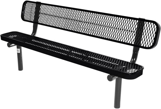 Coated Outdoor Furniture Heavy-Duty Outdoor Bench Thermoplastic Coated, Expanded Metal, Commercial-Grade Seating, Made in America (Inground with Back, 6 Ft, Black)