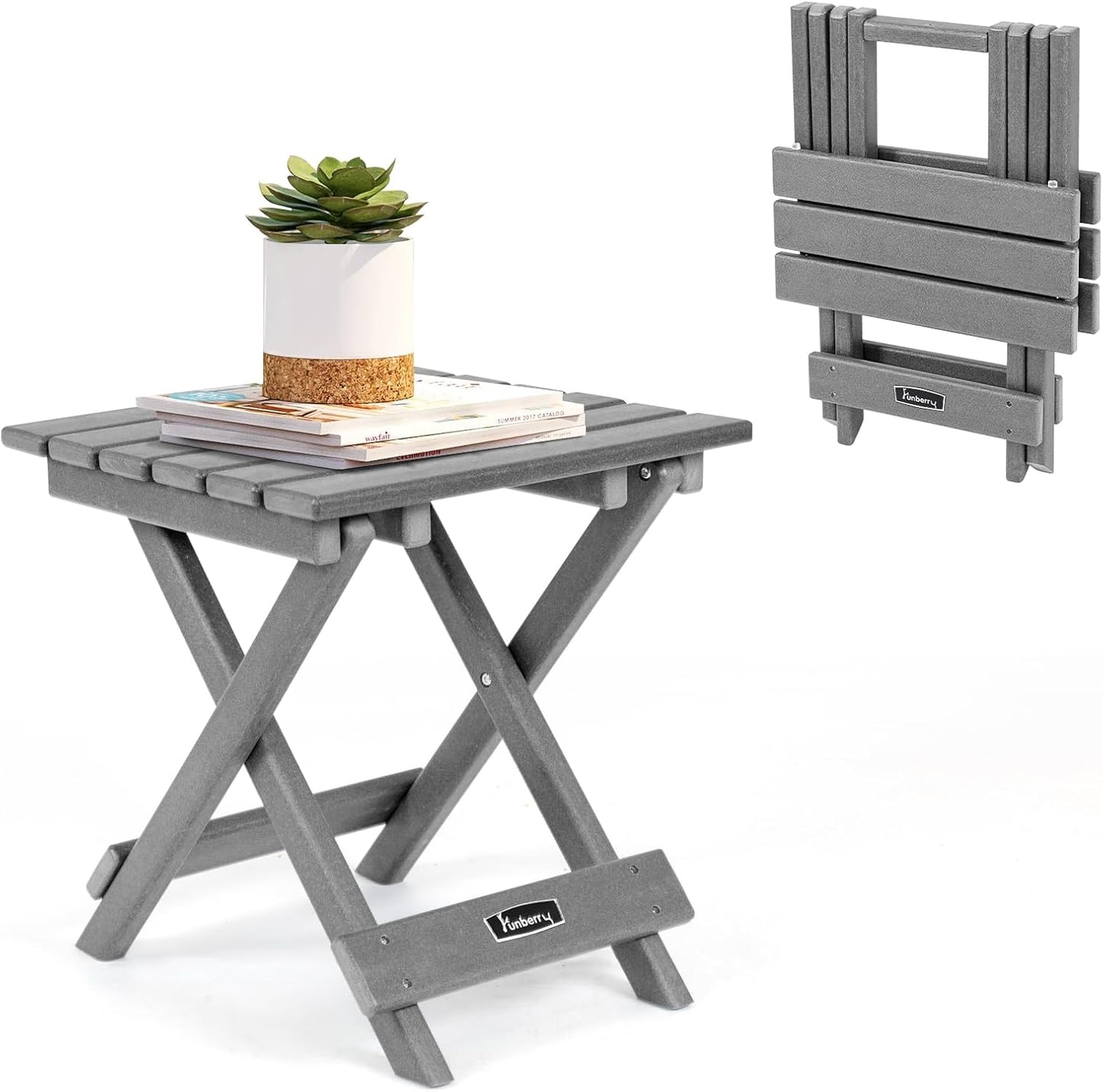 FUNBERRY Outdoor Folding Adirondack Side Table, Portable No Assembly Patio End Table HDPE All Weather