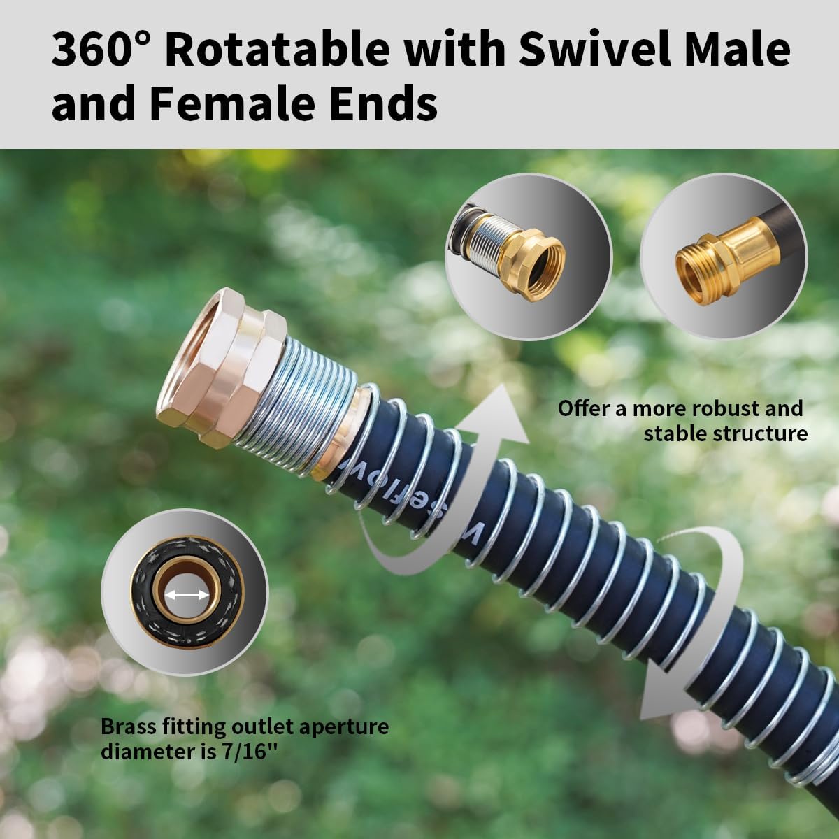 WiseFlow Garden Hose 50FT x 5/8", Heavy Duty Rubber Hose, 1000PSI Burst, 300PSI Working, Water Hose with Five Layered Braiding, Male Female Fittings (Black)