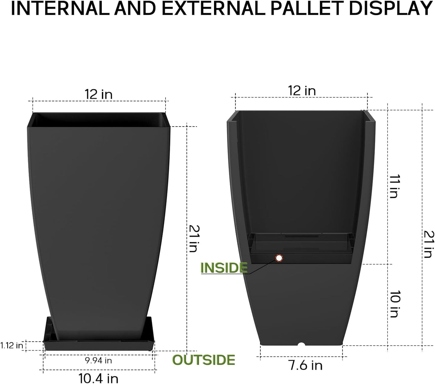 21" Tall Outdoor Planters Set of 2,Front Porch Planter Pots with Drainage Design Holes for Patio, Porch, Garden, Indoor,Black