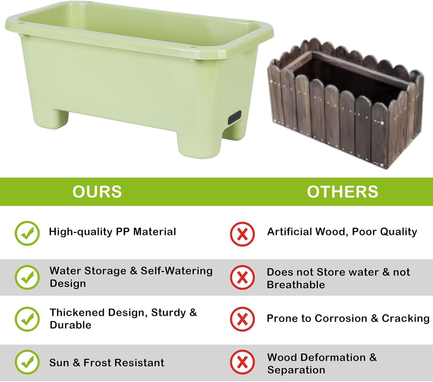 Self-Watering Rectangle Planter Boxes 8-Pack, 15.7-Inch Window Box Planter with Drainage Holes & Trays, Pots for Vegetables, Herbs, Flowers, Garden Windowsill Balcony (Light Green, 15.7*8.3*7.1 inch)