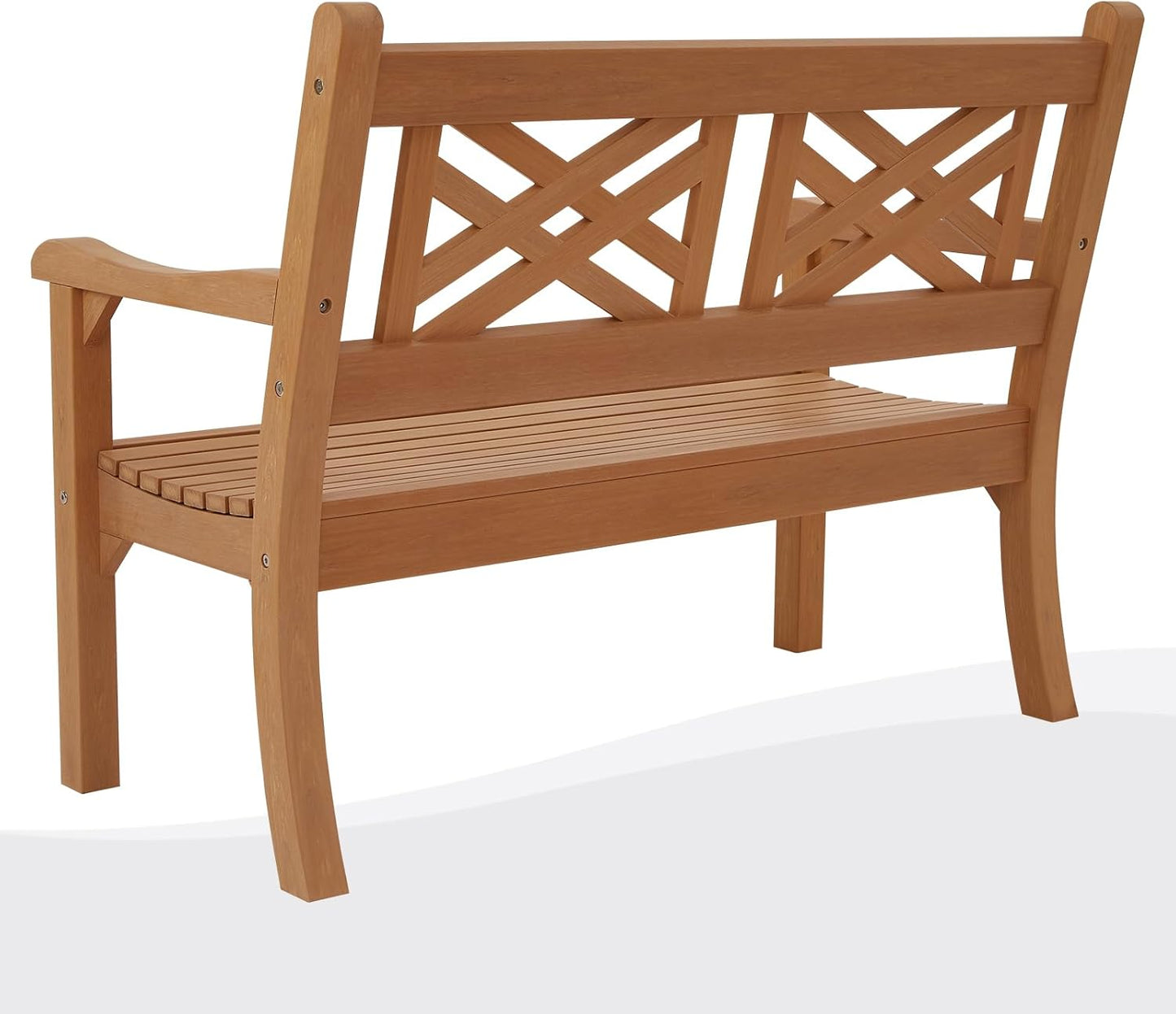 Psilvam 49''W All-Weather Poly Lumber Outdoor Bench – Grey, 2-Person Garden Bench with Decorative Backrest & Curved Armrests, Anti-Fade Patio Bench for Porch, Backyard, and Park(Teak Color)