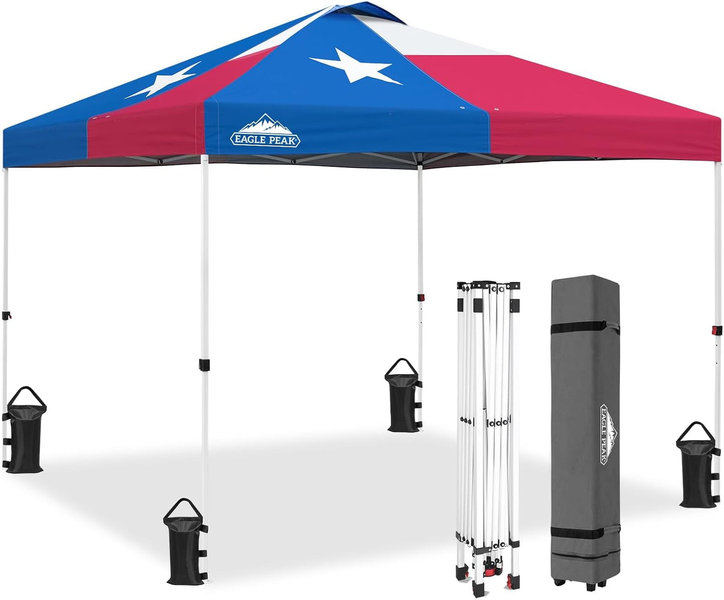 EAGLE PEAK Pop Up Canopy Tent with Wheeled Carry Bag, 8 Stakes, 4 Ropes, 4 Weight Bags, Easy Set Up Tent Canopy, 10x10 ft, 100sqft of Shade, Texas