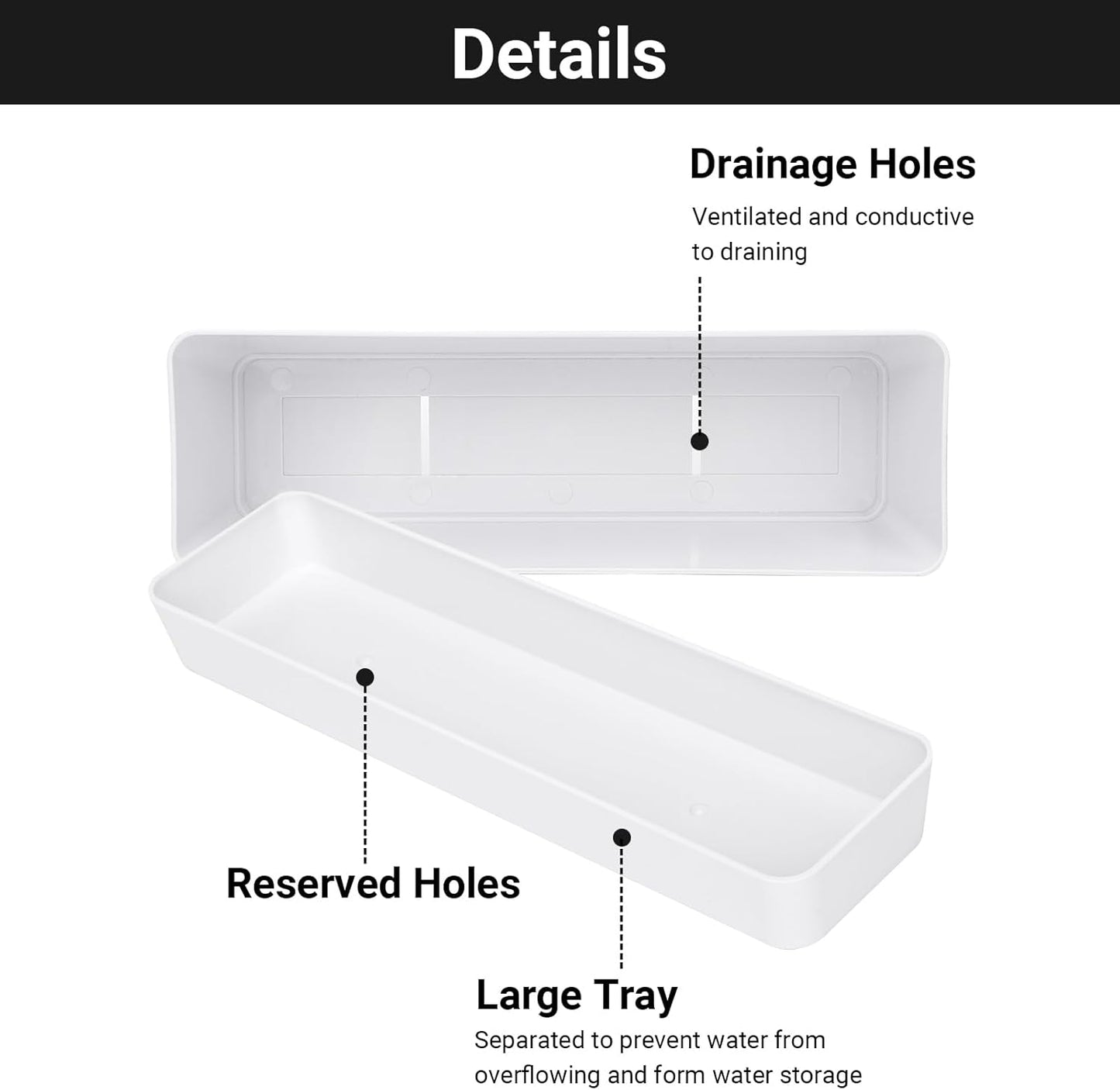 GREANER Window Boxes Planters, 3PCS 16x3.8 Inch Large Herb Planters with Tray, Indoor Succulent Cactus Flowers Vegetable Plastic Rectangle Pots for Balcony, Office, Garden, Outdoor, Windowsill (White)