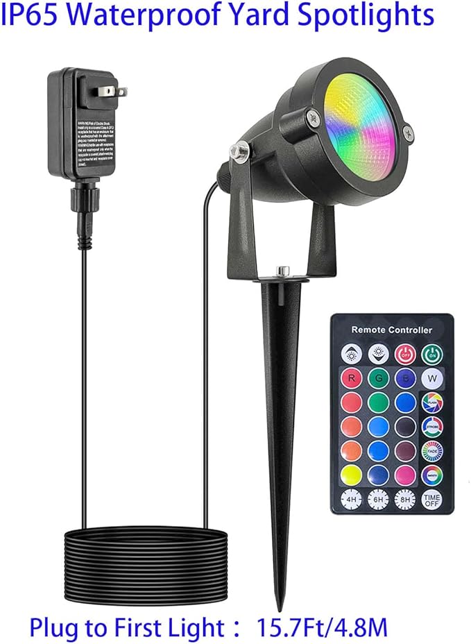 RGB Christmas Outdoor Spot Lights with Timer(4/6/8H), 12V 5W Metal case Color Changing Spot Light Outdoor Garden Yard Lawn Landscape SpotLights IP65 Waterproof, 1 Lights