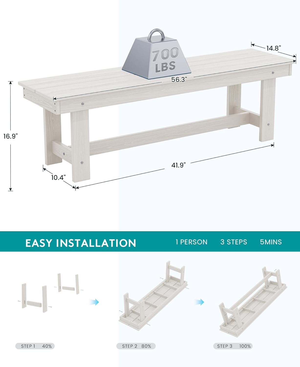 SERWALL Outdoor Dining Set for 6, HDPE Dining Furniture Set with Umbrella Hole Cut-Out Table and 1 Dining Bench and 4 Chairs, All Weather Outdoor Dining Bench Sets, White