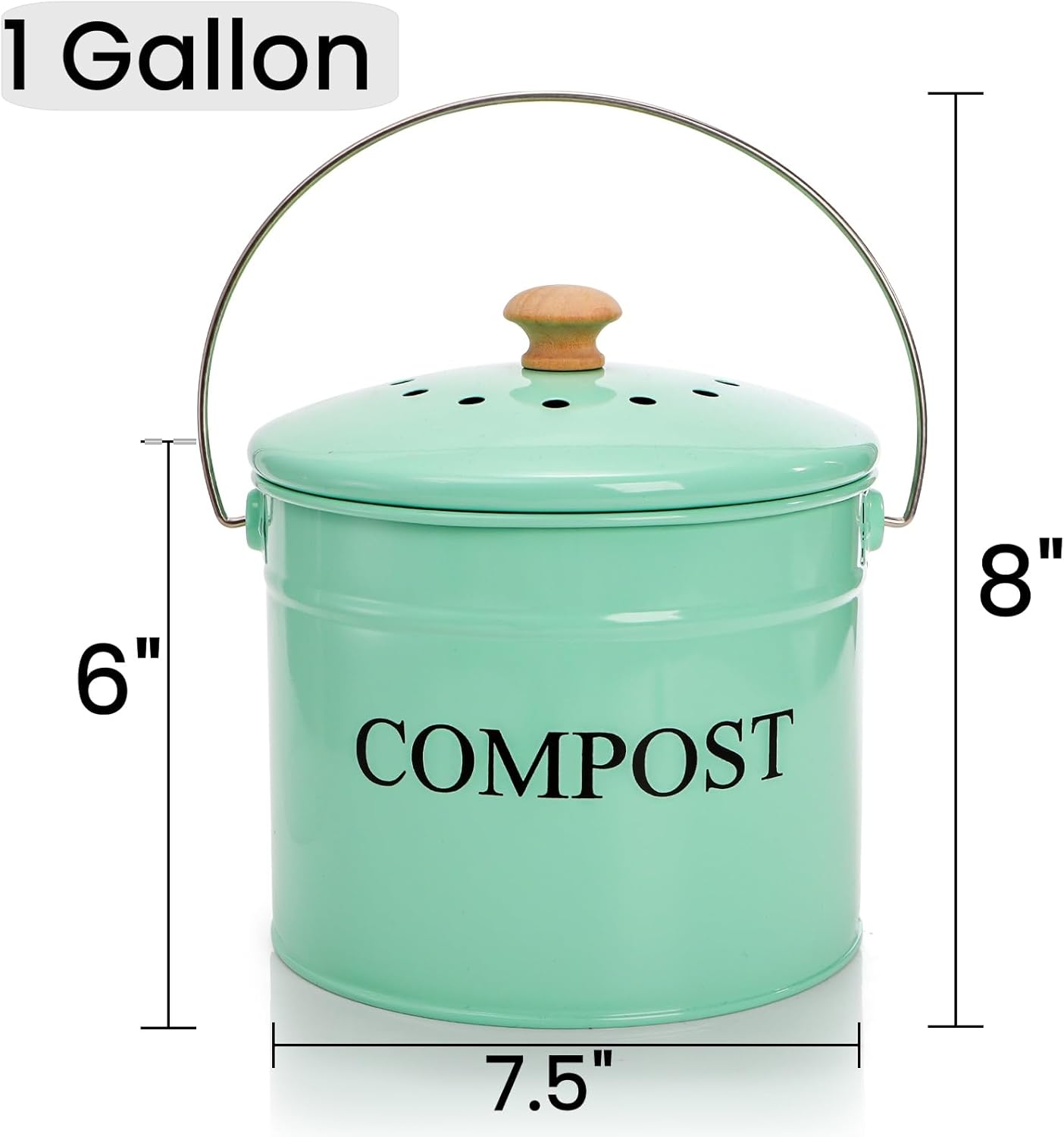 AVLA Kitchen Compost Bin, 1 Gallon Countertop Food Waste Container, Odorless Composter Bucket with Lid and Charcoal Filter, Indoor Metal Composting Pail, Mint Green