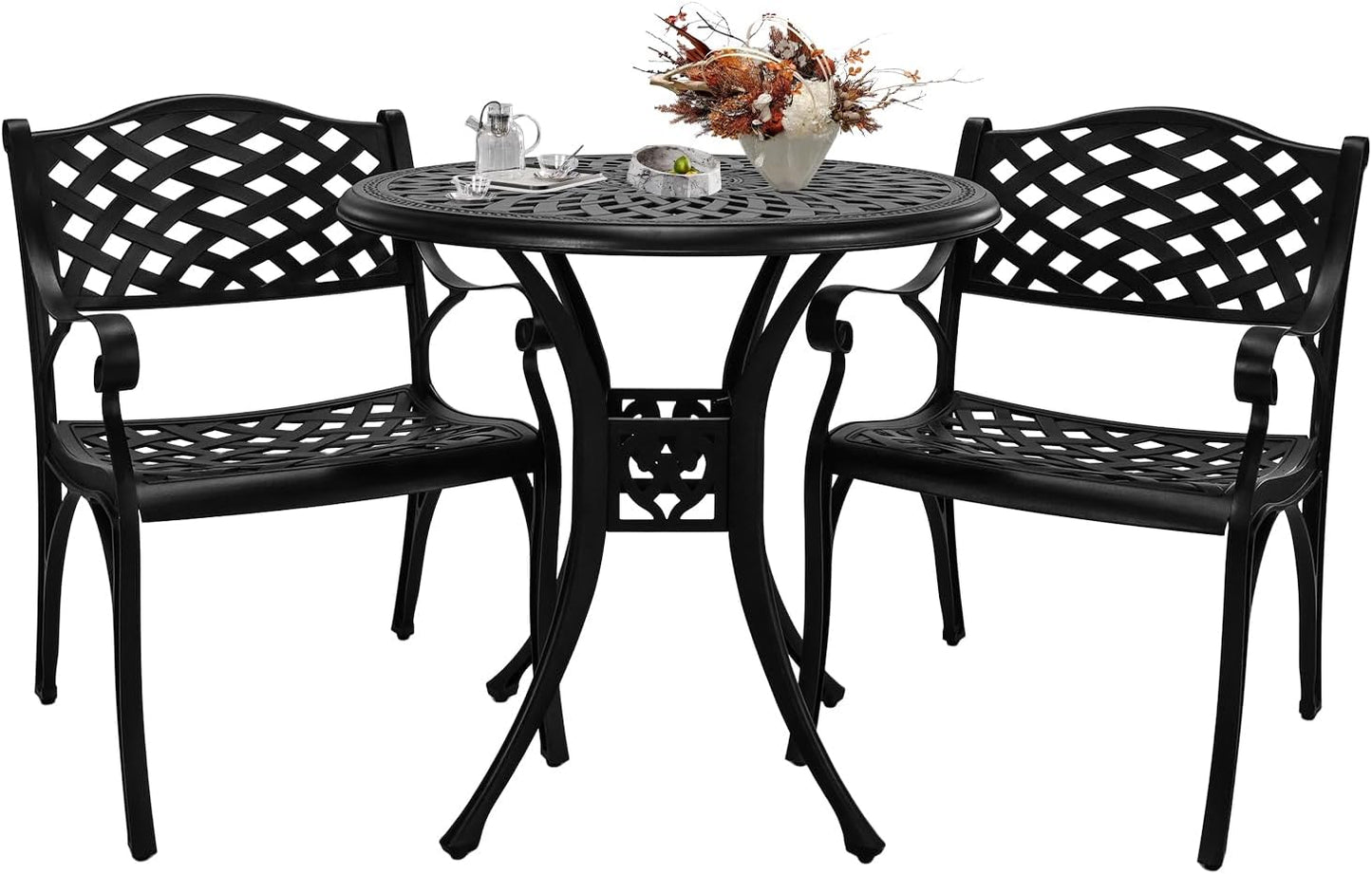 Cast Aluminum Patio Bistro Sets Outdoor Bistro Table and Chair Set of 2 with Umbrella Hole,Metal 3 Piece Patio Set All Weather Bistro Table Set for Garden,Black