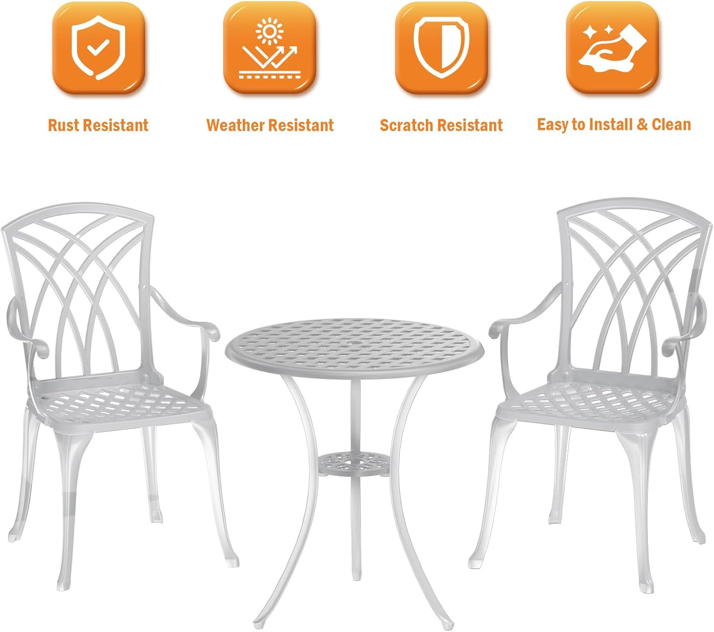Patio Bistro Set 3 Piece, Cast Aluminum Bistro Set for 2 w/Umbrella Hole, Outdoor Table and Chairs Set of 2, Bistro Set for Balcony/Backyard/Garden, White