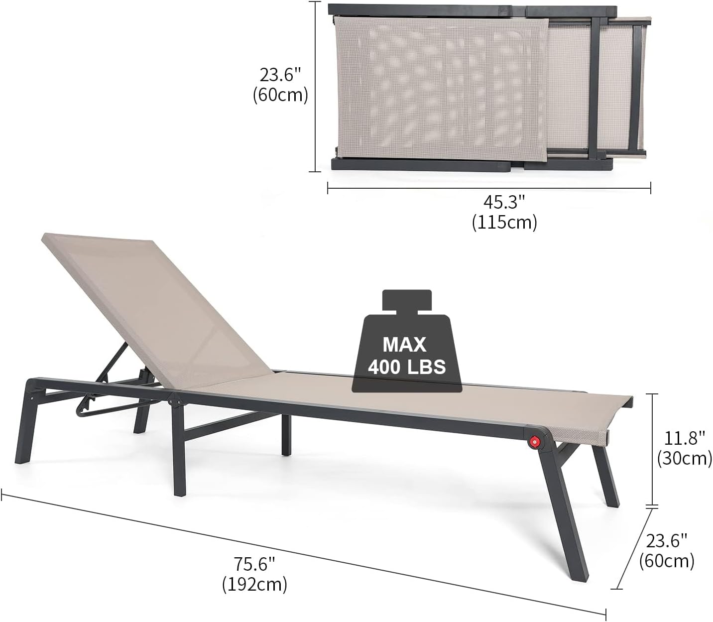 Aluminum Chaise Lounge Chair Outdoor, Foldable Patio Lounge Chair 2 Sets with Table Assemble-Free, Pool Lounge Chairs with 5 Adjustable Backrest, Outdoor Lounge Chairs for Outside Poolside Beige