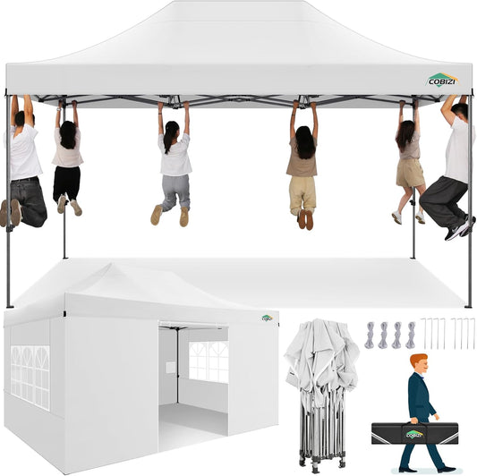 COBIZI 10x15 Heavy Duty Pop up Canopy Tent with 4 sidewalls Commercial Outdoor Canopy Wedding Party Tents for Wedding All Season Wind & Waterproof Gazebo with Carry Bag, White(Frame Thickened)