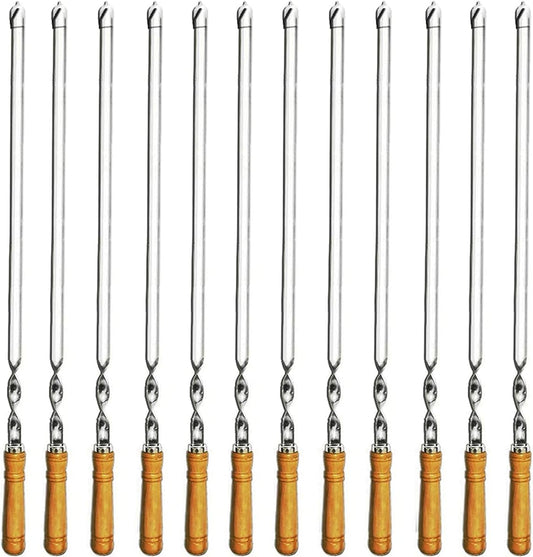 12 Pack Kabob Skewers BBQ Barbecue Skewers Stainless Steel Sticks 22 Inch Heavy Duty Large Wide Reusable with Nonslip Wooden Handle Ideal for Shish Kebab Chicken Shrimp and Vegetables