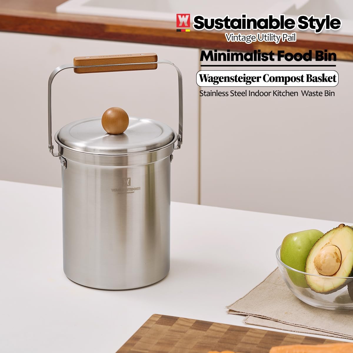 Kitchen Countertop Compost Bin 101ounces / 3Liters with Airtight Lid, SUS304 Stainless Steel Odor-Free Food Waste Bin with Wooden Handle Stylish Design/Bathroom Trash Can (Silver)