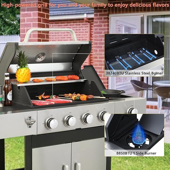 4-Burner Propane Gas Grill With Side Burner, 34,200 BTU Outdoor BBQ Grill with Stainless Steel Warming Rack & Enameled Cooking Grids – Foldable Side Tables, Built-in Thermometer – Heavy-Duty 6" Wheels