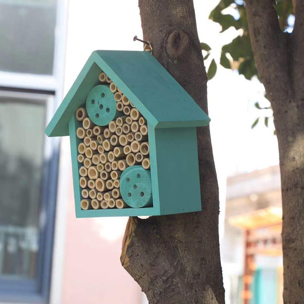 Mason Bee Houses Outdoor Wooden Blue Bee Hotel for Garden and Yard Hand-Made Bamboo Bee Hive for Bees Butterflies and Ladybugs, Medium Size 8"x7.5"x5"