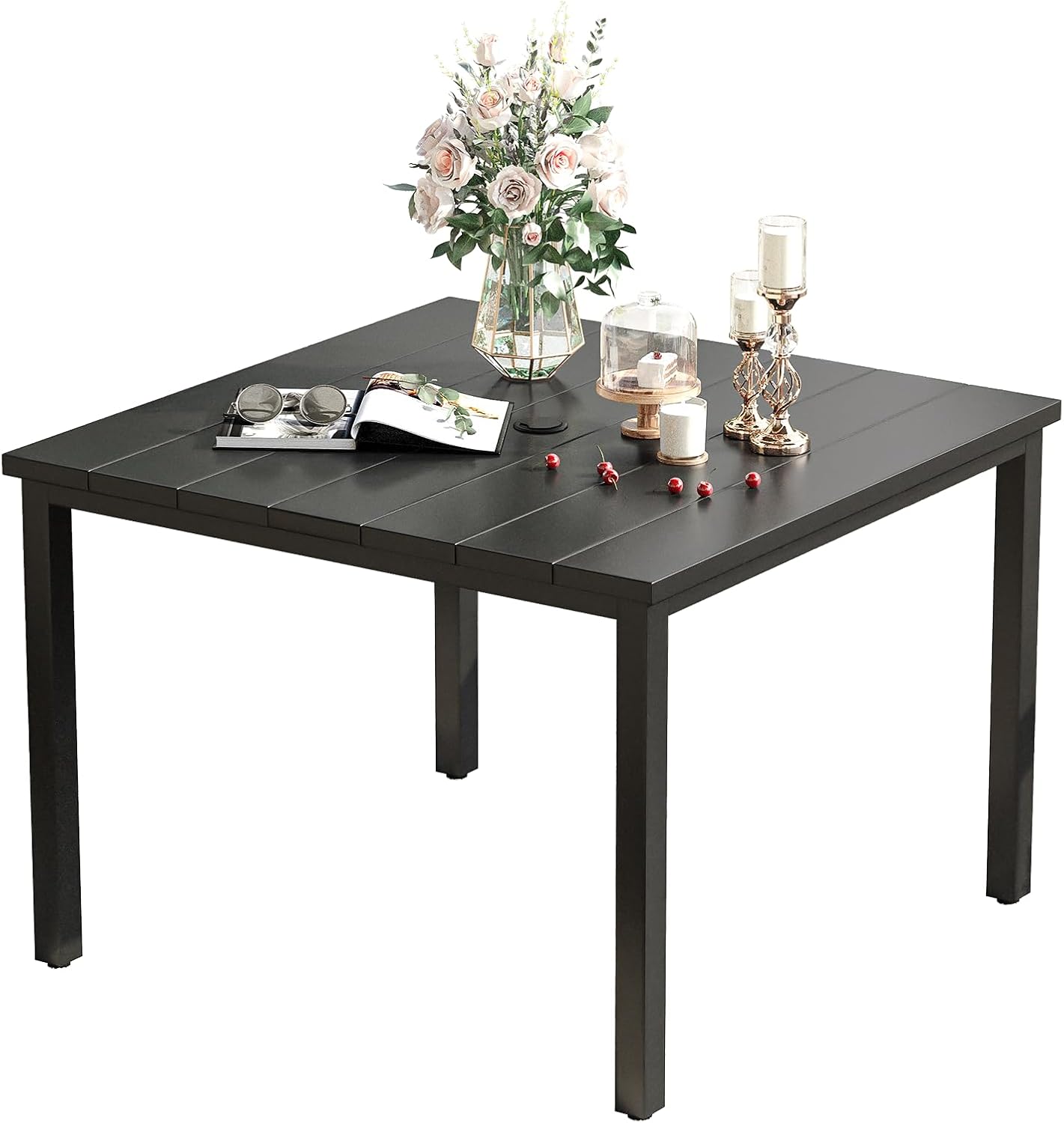 VICLLAX 40.2" Square Patio Dining Table for 4, Outdoor Table with Umbrella Hole, All Weather Metal Patio Table, Black Tabletop