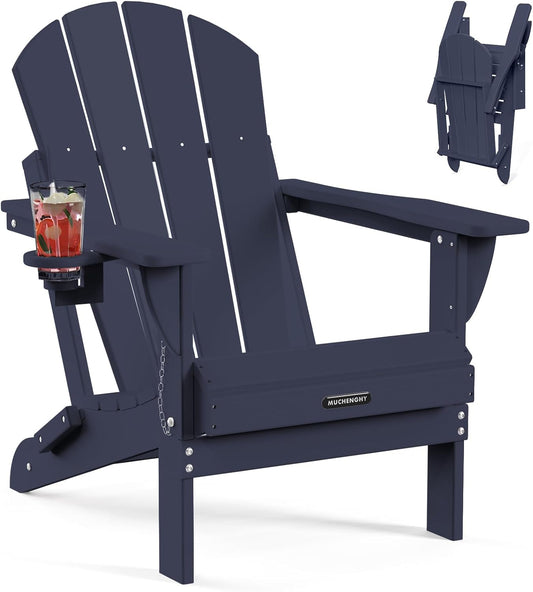 MUCHENGHY Folding Adirondack Chairs, Patio Chairs, Lawn Chairs, Outdoor Chair, Adirondack Chair Plastic, Fire Pit, Weather Resistant with Cup Holder for Deck, Backyard, Garden(Dark Navy Blue)