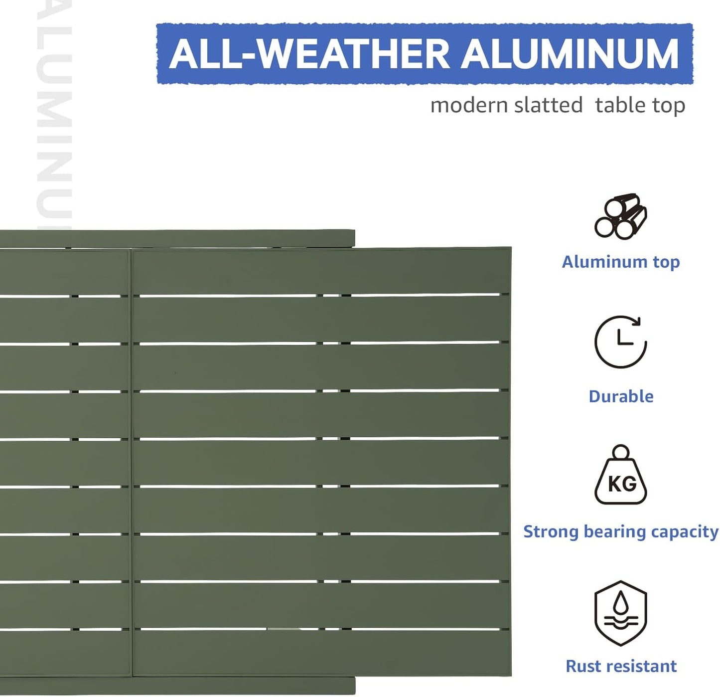Soleil Jardin Aluminum Patio Extendable Dining Table, 59" - 83", Adjustable Indoor Outdoor Furniture Rectangle Table for 6-8 Person Porch Deck Garden, Green