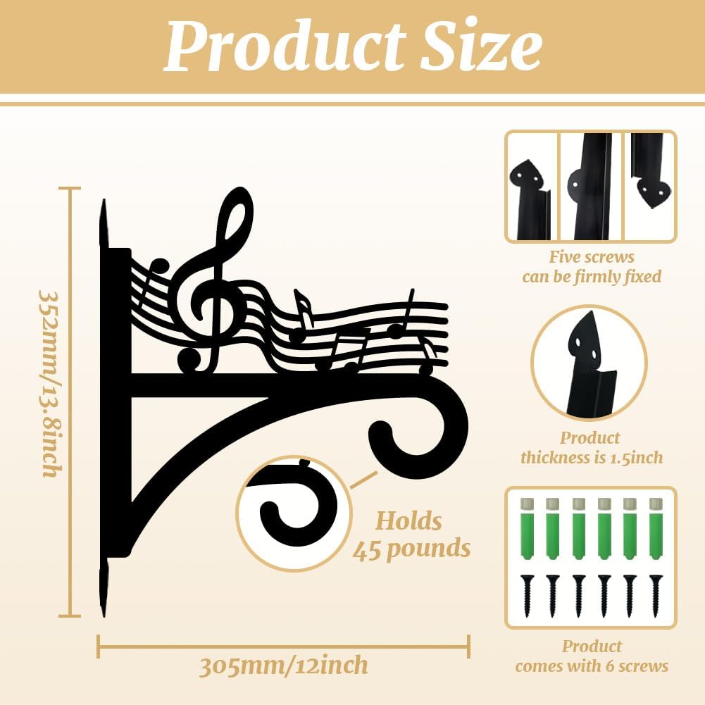 peacoblue Iron Plant Hangers Hooks for Outdoor Indoor Hanging Plants Flower Fern Pots Lantern Bird Feeder,12"x13.8" Weather Resistant Metal Wall Holder for Porch Garden Farmhouse(Music Notes)