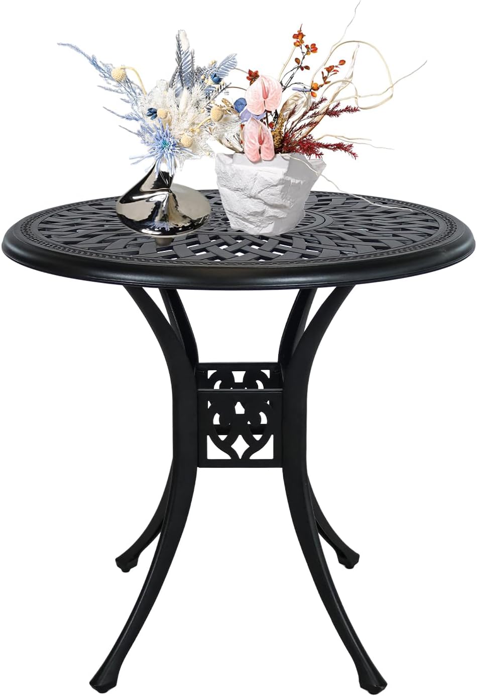 30 inches Patio Table with Umbrella Hole, Round Outdoor Table, Cast Aluminum Bistro Table, Metal Side Table for Porch Backyard, Black