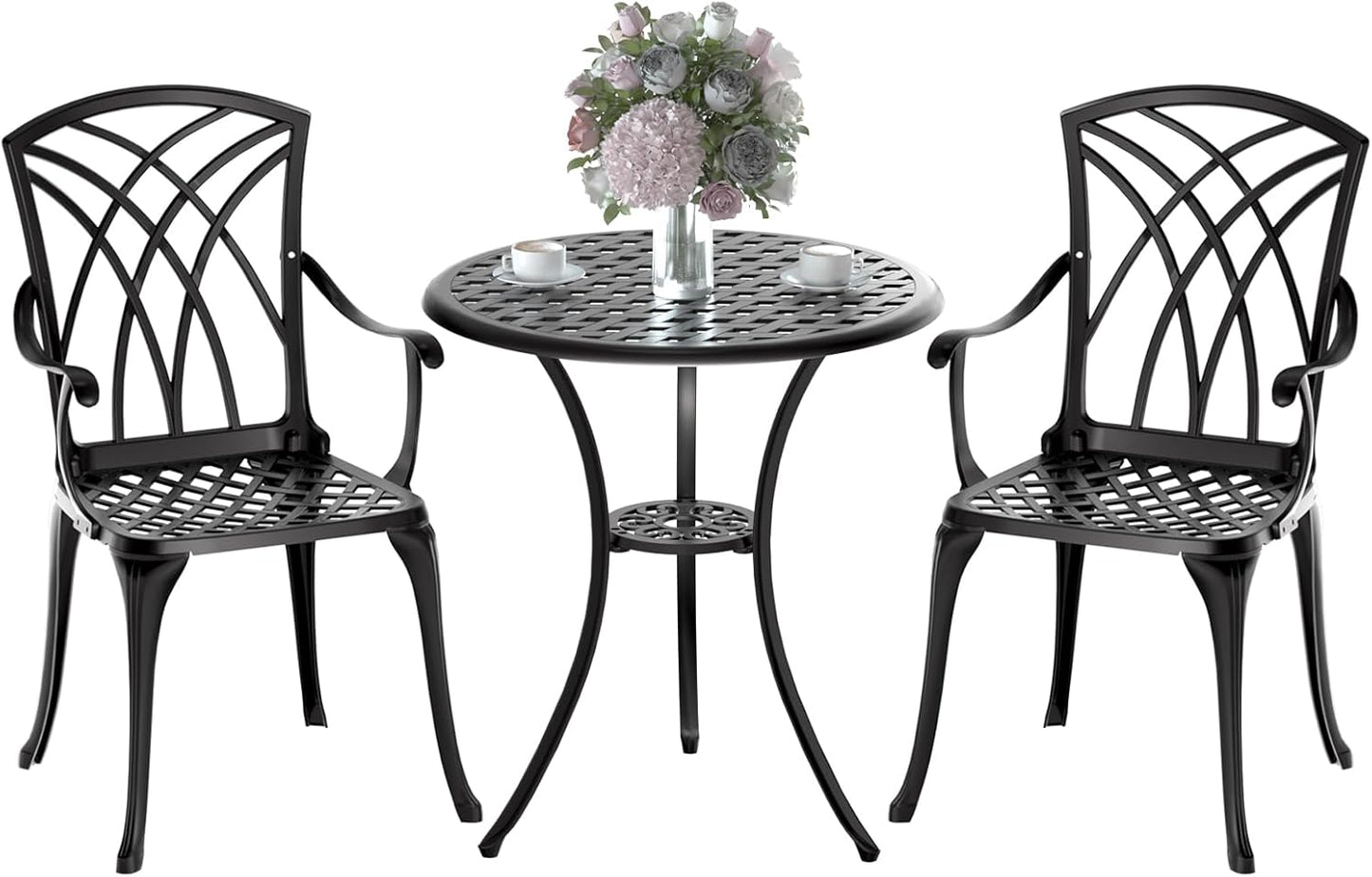 Patio Bistro Set 3 Piece, Cast Aluminum Bistro Set for 2 w/Umbrella Hole, Outdoor Table and Chairs Set of 2, Bistro Set for Balcony/Backyard/Garden, Black