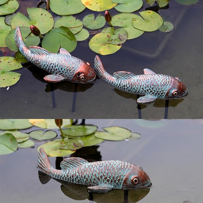 Koi Fish Decor - Set of 2 Antique Koi Fish Garden Statue for Outdoors, Patio and Backyard Decoration