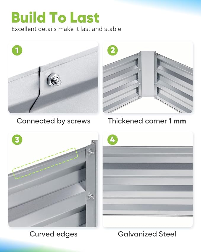 Quictent Galvanized Raised Garden Bed 4x3x1 Ft Metal Planter Box for Vegetables Bottomless for Backyard, Include 1 Tomato Cage, Silver